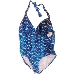 Ralph Lauren Blue Chevron Halter One Piece Swimsuit 18W Plus Size NWT